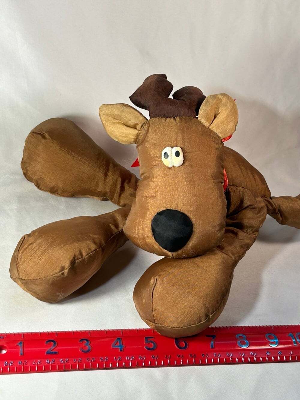 Vintage Rodney Reindeer Nylon large plush brown with red bow READ